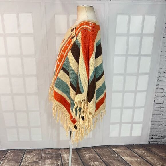 Mantos Eternity Multicolor Southwest Vibe Fringe Sweater Poncho One Size - Picture 6 of 8